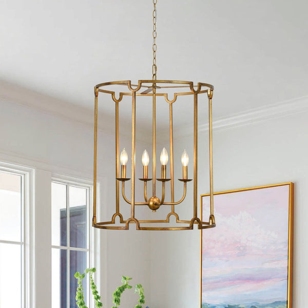 Chandelierias-French Vintage 4-Light Cylinder Framed Lantern Pendant-Chandeliers-Antique Gold-