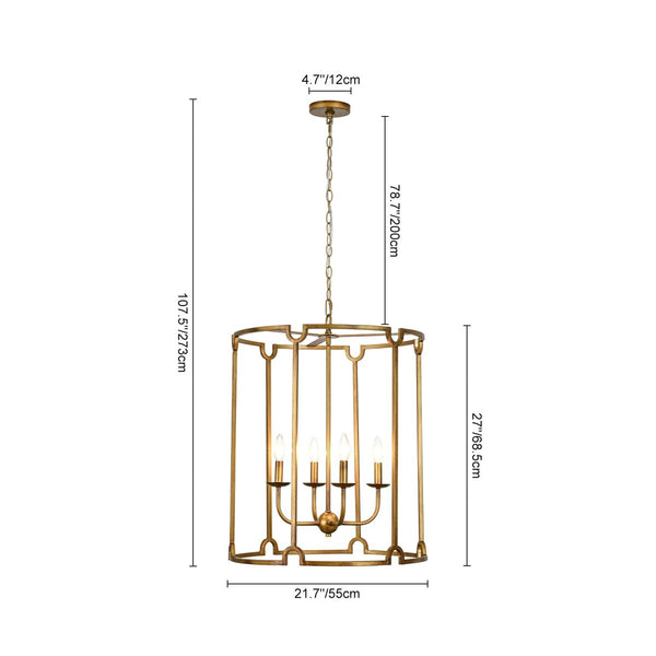 Chandelierias-French Vintage 4-Light Cylinder Framed Lantern Pendant-Chandeliers-Antique Gold-