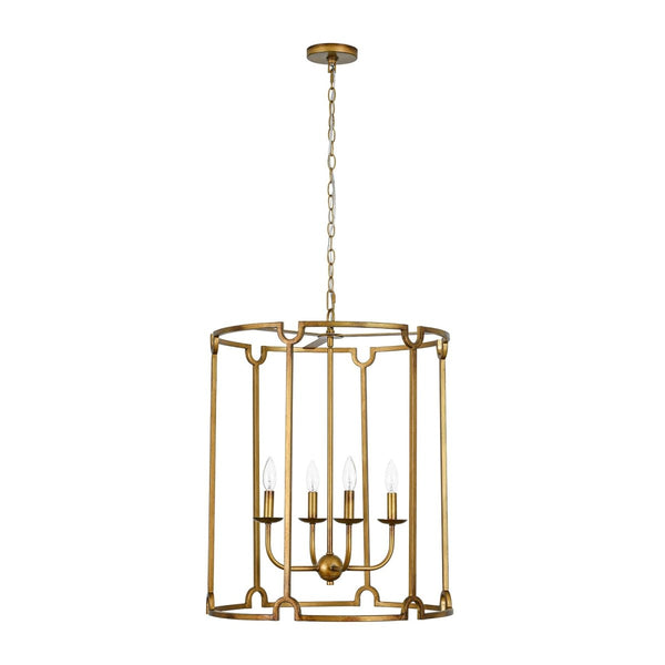 Chandelierias-French Vintage 4-Light Cylinder Framed Lantern Pendant-Chandeliers-Antique Gold-