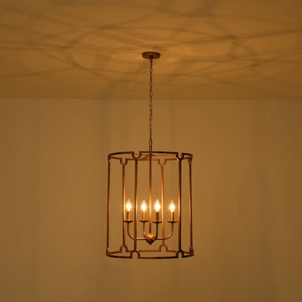 Chandelierias-French Vintage 4-Light Cylinder Framed Lantern Pendant-Chandeliers-Antique Gold-