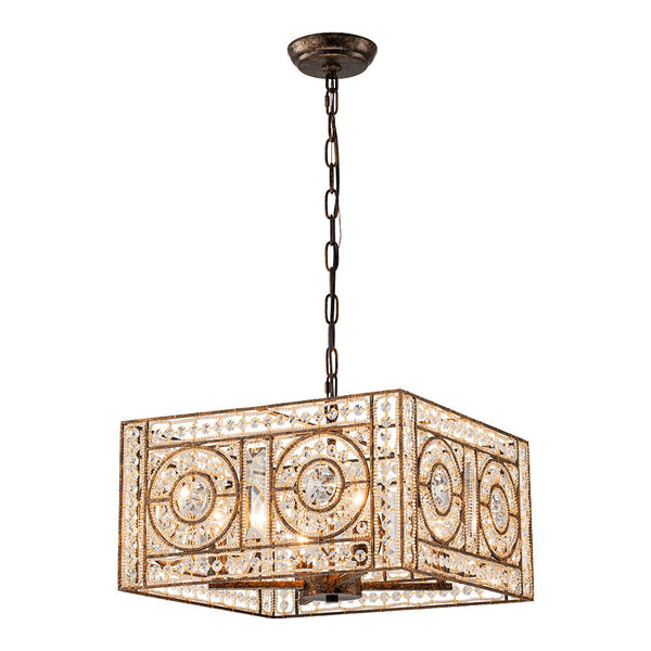 Chandelierias - French Vintage Mottled Bronze Square 4 - Light Crystal Pendant Chandelier - Chandelier - Dark Bronze - 
