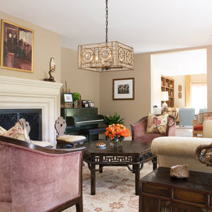 Chandelierias - French Vintage Mottled Bronze Square 4 - Light Crystal Pendant Chandelier - Chandelier - Dark Bronze - 