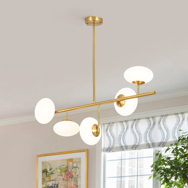 Chandelierias-Frosted Opal 5-Light Ellipse Glass Linear Chandelier-Chandeliers-Brass-
