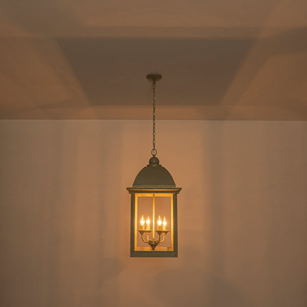 Chandelierias-Georgian Sage Green 4-Light Distressed Wood Cupola Lantern Pendant-Chandeliers-Distressed Sage-