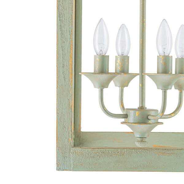 Chandelierias-Georgian Sage Green 4-Light Distressed Wood Cupola Lantern Pendant-Chandeliers-Distressed Sage-
