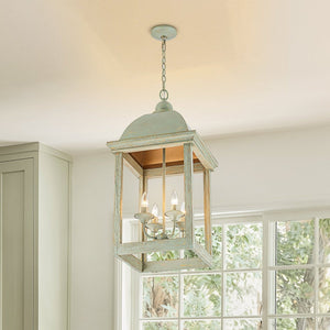 Chandelierias-Georgian Sage Green 4-Light Distressed Wood Cupola Lantern Pendant-Chandeliers-Distressed Sage-