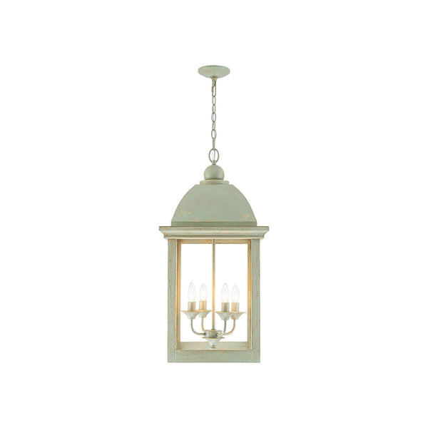 Chandelierias-Georgian Sage Green 4-Light Distressed Wood Cupola Lantern Pendant-Chandeliers-Distressed Sage-