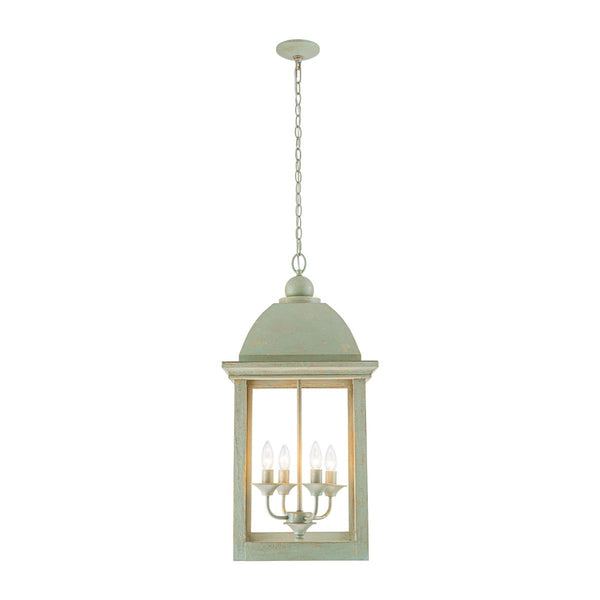 Chandelierias-Georgian Sage Green 4-Light Distressed Wood Cupola Lantern Pendant-Chandeliers-Distressed Sage-