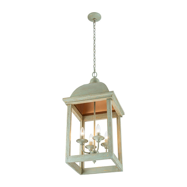 Chandelierias-Georgian Sage Green 4-Light Distressed Wood Cupola Lantern Pendant-Chandeliers-Distressed Sage-