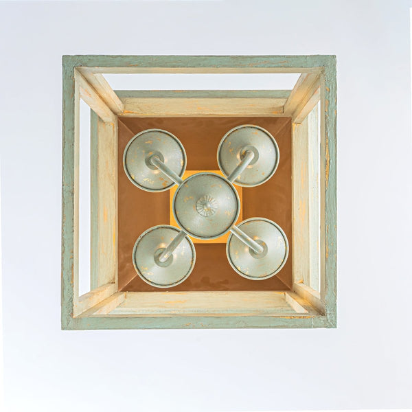 Chandelierias-Georgian Sage Green 4-Light Distressed Wood Cupola Lantern Pendant-Chandeliers-Distressed Sage-