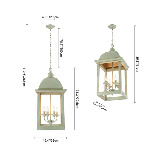 Chandelierias-Georgian Sage Green 4-Light Distressed Wood Cupola Lantern Pendant-Chandeliers-Distressed Sage-