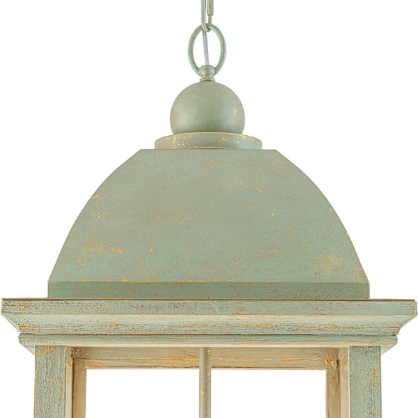 Chandelierias-Georgian Sage Green 4-Light Distressed Wood Cupola Lantern Pendant-Chandeliers-Distressed Sage-