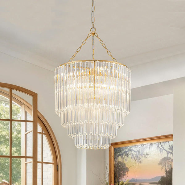 Chandelierias - Glam 7 - Light Sculptural Angled - Cut Glass Cascading Tiered Chandelier - Chandeliers - Brass - 