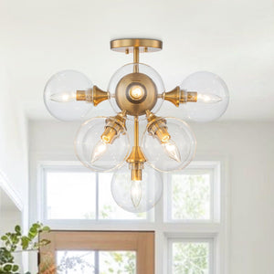 Chandelierias - Glam Mid - century 9 - Light Sunburst Clear Glass Bubble Semi - flush Mount - Semi Flush - Brass - 