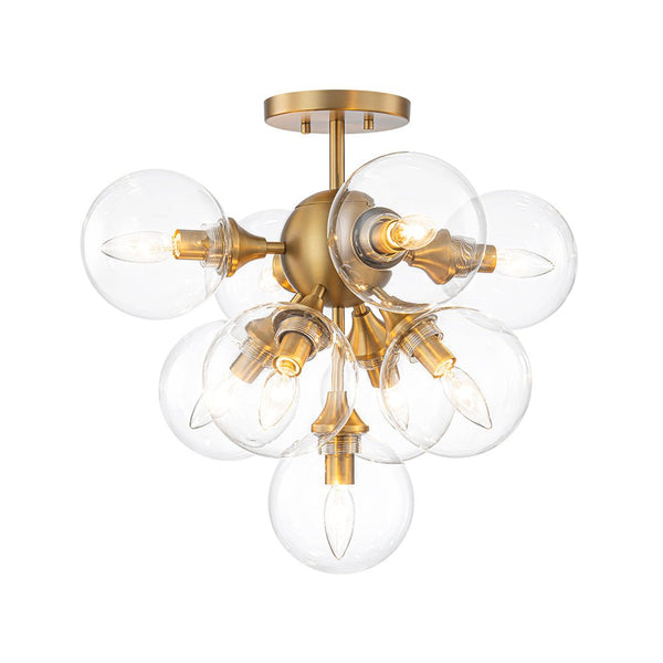 Chandelierias - Glam Mid - century 9 - Light Sunburst Clear Glass Bubble Semi - flush Mount - Semi Flush - Brass - 