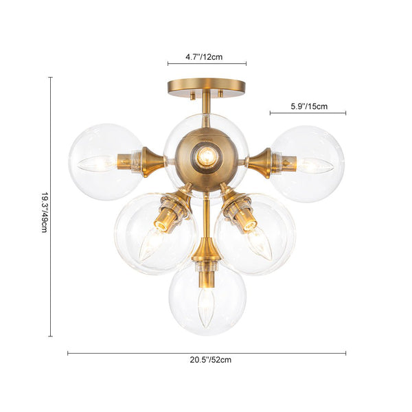 Chandelierias - Glam Mid - century 9 - Light Sunburst Clear Glass Bubble Semi - flush Mount - Semi Flush - Brass - 