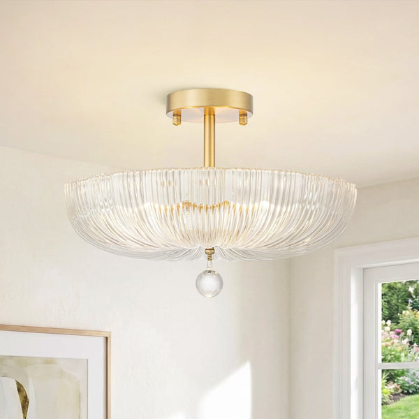 Chandelierias-Glam Round lobed 3-Light Fluted Glass Semi-flush Mount-Semi Flush-Brass-