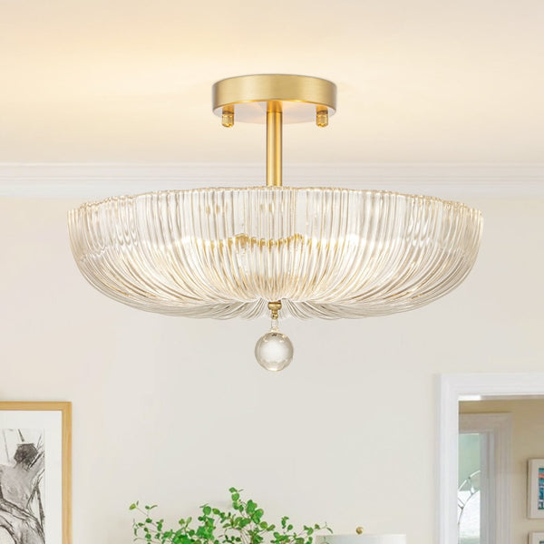 Chandelierias-Glam Round lobed 3-Light Fluted Glass Semi-flush Mount-Semi Flush-Brass-