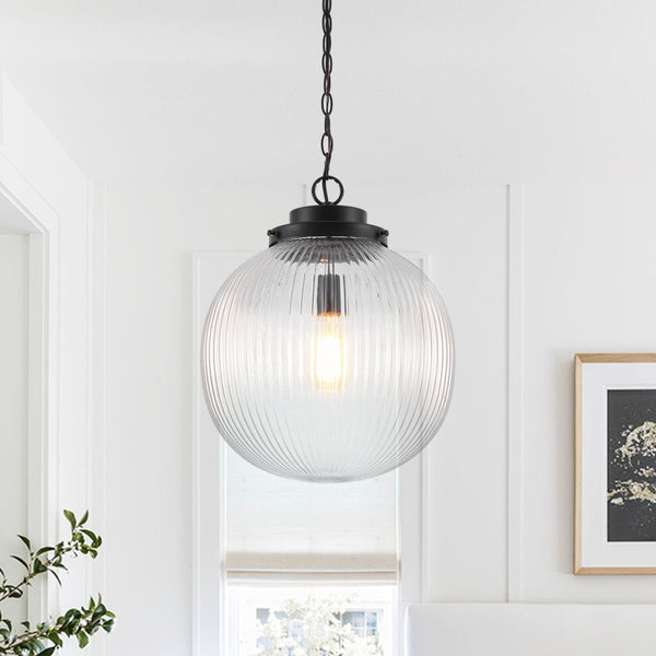 Chandelierias-Glam Single-Light Ribbed Glass Globe Pendant-Pendant-Matte Black-
