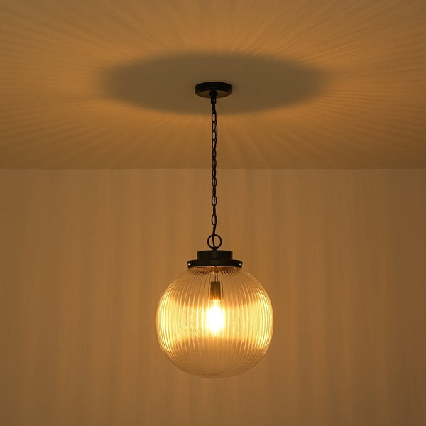 Chandelierias-Glam Single-Light Ribbed Glass Globe Pendant-Pendant-Matte Black-