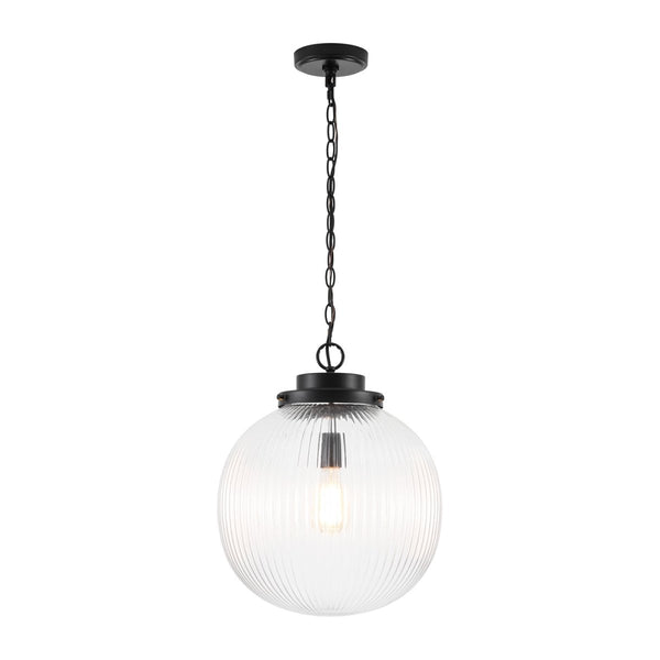 Chandelierias-Glam Single-Light Ribbed Glass Globe Pendant-Pendant-Matte Black-