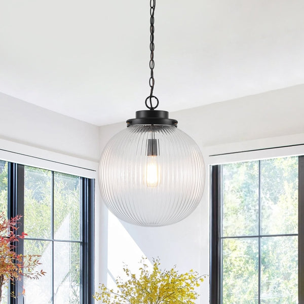Chandelierias-Glam Single-Light Ribbed Glass Globe Pendant-Pendant-Matte Black-