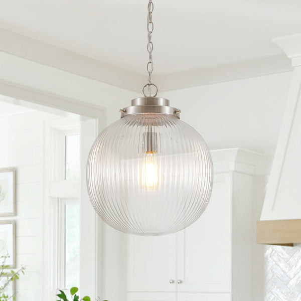 Chandelierias-Glam Single-Light Ribbed Glass Globe Pendant-Pendant-Polished Nickel-
