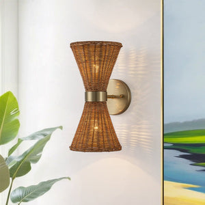 Chandelierias-Global-style 2-Light Rattan Hourglass Wall Sconce-Wall Light-Brass-1-Pack