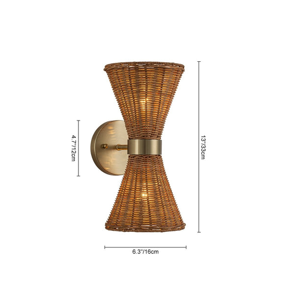 Chandelierias-Global-style 2-Light Rattan Hourglass Wall Sconce-Wall Light-Brass-2-Pack