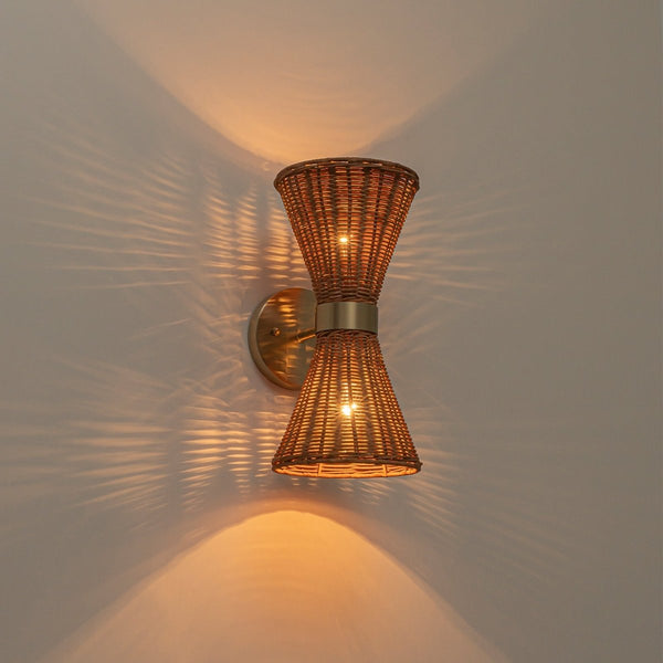 Chandelierias-Global-style 2-Light Rattan Hourglass Wall Sconce-Wall Light-Brass-2-Pack