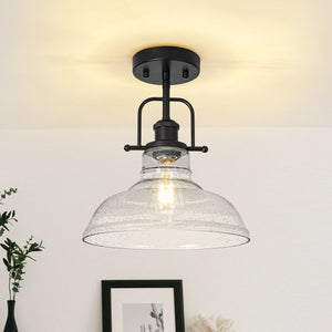 Chandelierias-Industrial 1-Light Clear Seeded Glass Framed Bell Pendant-Pendants-Black-