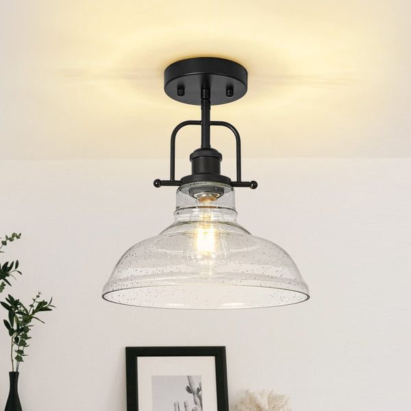 Chandelierias-Industrial 1-Light Clear Seeded Glass Framed Bell Pendant-Pendants-Black-