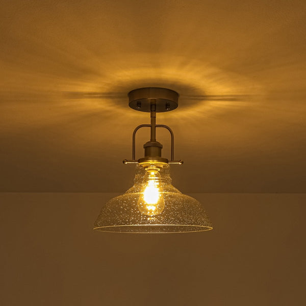 Chandelierias-Industrial 1-Light Clear Seeded Glass Framed Bell Pendant-Pendants-Black-