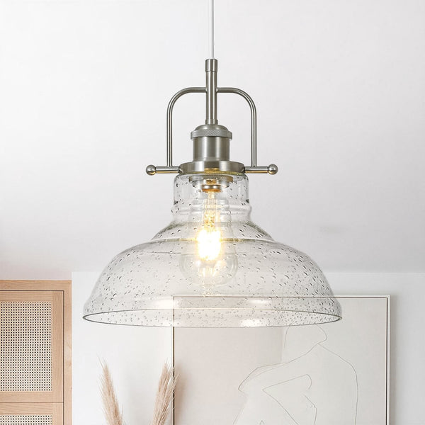 Chandelierias-Industrial 1-Light Clear Seeded Glass Framed Bell Pendant-Pendants-Nickel-