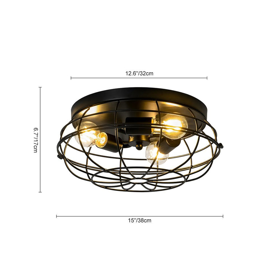 Chandelierias - Industrial 3 - Light Matte Black Metal Cage Flush Mount - Semi Flush - Black - 