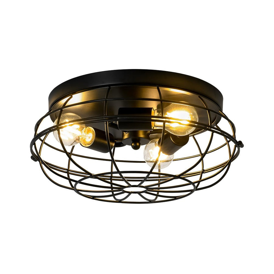 Chandelierias - Industrial 3 - Light Matte Black Metal Cage Flush Mount - Semi Flush - Black - 