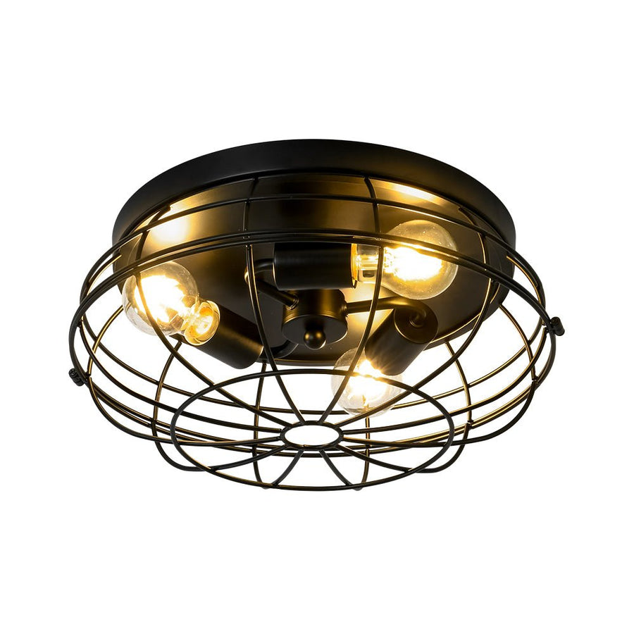 Chandelierias - Industrial 3 - Light Matte Black Metal Cage Flush Mount - Semi Flush - Black - 