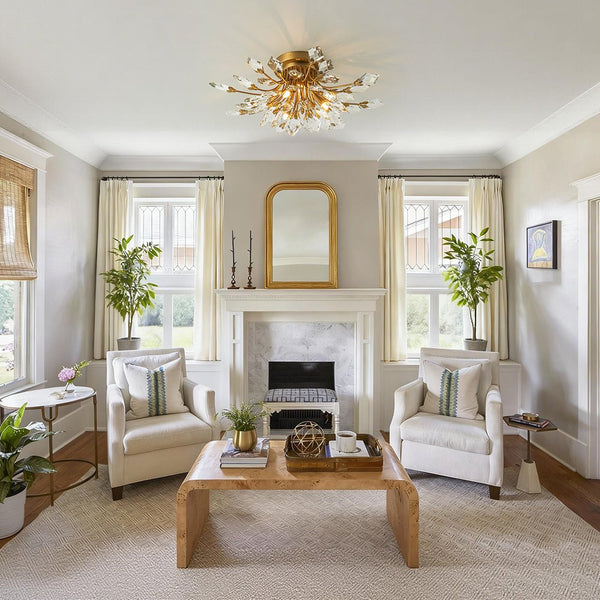 Chandelierias - Luxury 4 - Light Floral Bouquet Crystal Semi - flush Mount - Semi Flush - Gold - 