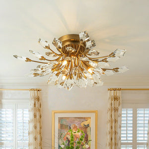 Chandelierias - Luxury 4 - Light Floral Bouquet Crystal Semi - flush Mount - Semi Flush - Gold - 