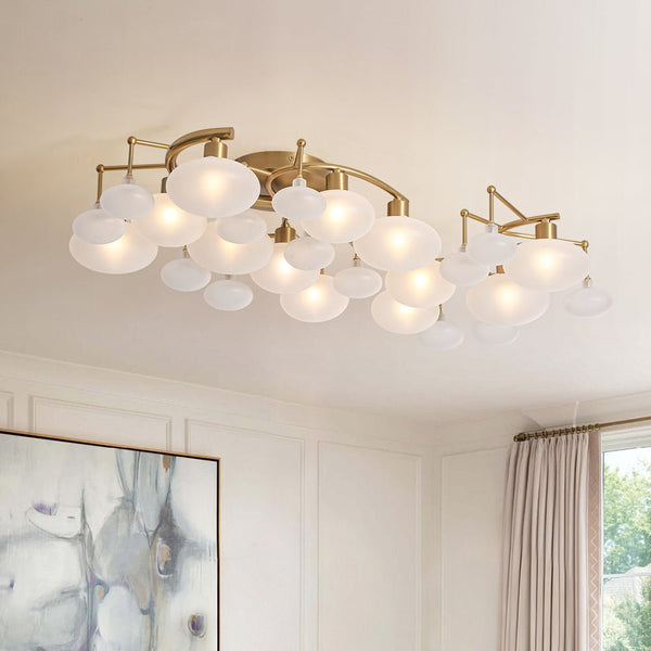Chandelierias - Mid - century 12 - Light Ellipsoid Frosted Glass Semi - Flush Mount - Chandeliers - Brass - 