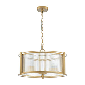 Chandelierias - Mid - century 3 - Light Clear Striped Glass Drum Pendant - Pendant - Gold - 