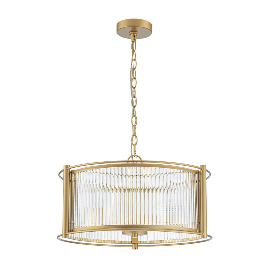 Chandelierias - Mid - century 3 - Light Clear Striped Glass Drum Pendant - Pendant - Gold - 