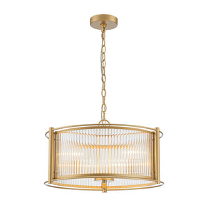 Chandelierias - Mid - century 3 - Light Clear Striped Glass Drum Pendant - Pendant - Gold - 