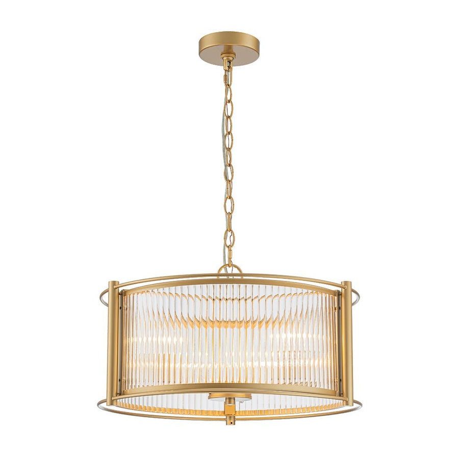 Chandelierias - Mid - century 3 - Light Clear Striped Glass Drum Pendant - Pendant - Gold - 