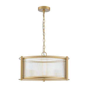 Chandelierias - Mid - century 3 - Light Clear Striped Glass Drum Pendant - Pendant - Gold - 