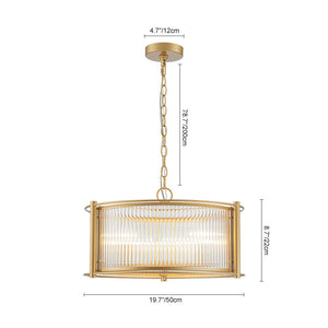 Chandelierias - Mid - century 3 - Light Clear Striped Glass Drum Pendant - Pendant - Gold - 