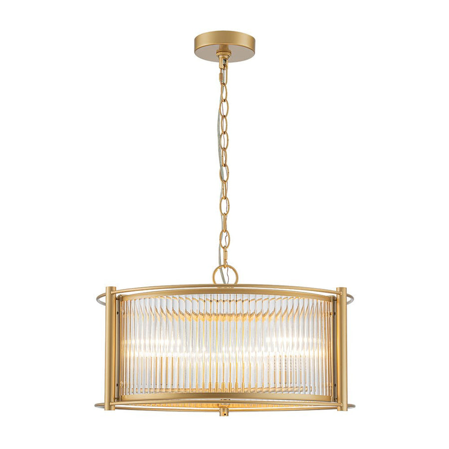 Chandelierias - Mid - century 3 - Light Clear Striped Glass Drum Pendant - Pendant - Gold - 