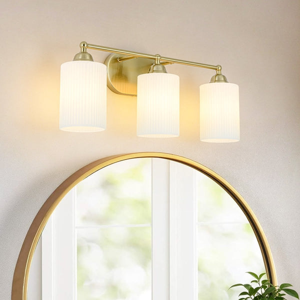 Chandelierias-Mid-Century 3-Light Cylinder Frosted Opal Ribbed Glass Bathroom Vanity Sconce-Wall Light-3-Light-