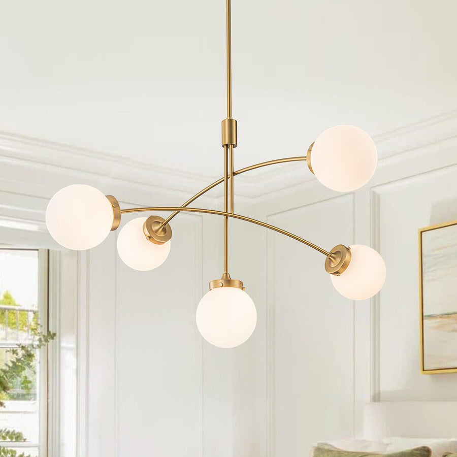 Chandelierias - Mid - century 5 - Light Glass Globe Branch Chandelier - Chandeliers - Gold - Clear