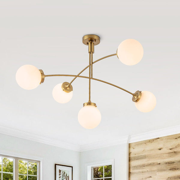 Chandelierias - Mid - century 5 - Light Glass Globe Branch Chandelier - Chandeliers - Gold - Milky White